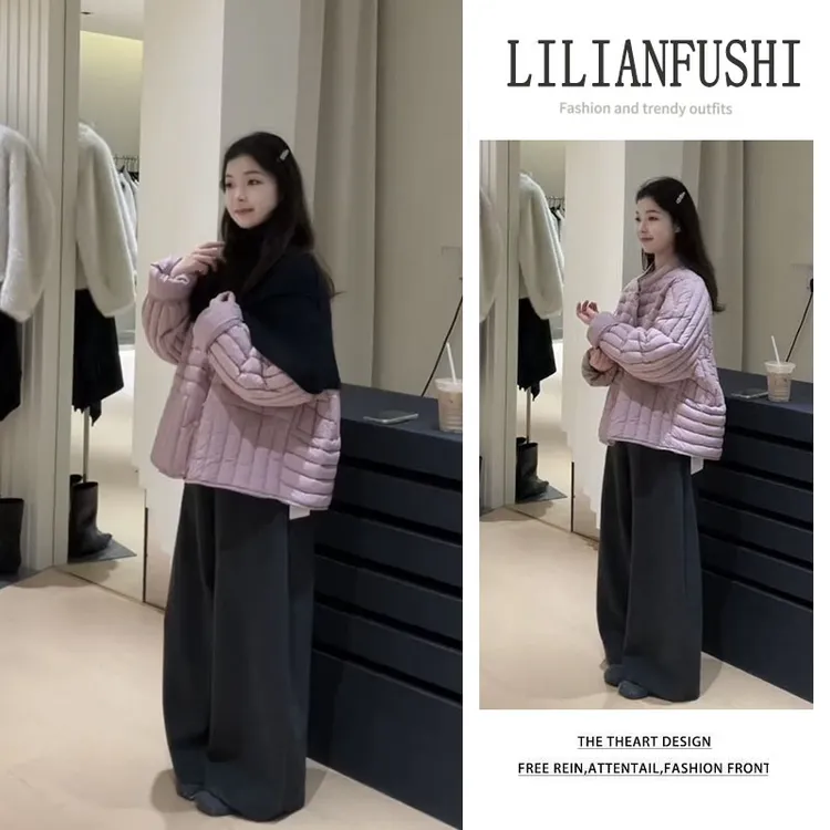 秋冬穿搭2025新款百搭披肩宽松纯色长袖棉服外套显瘦阔腿裤三件套