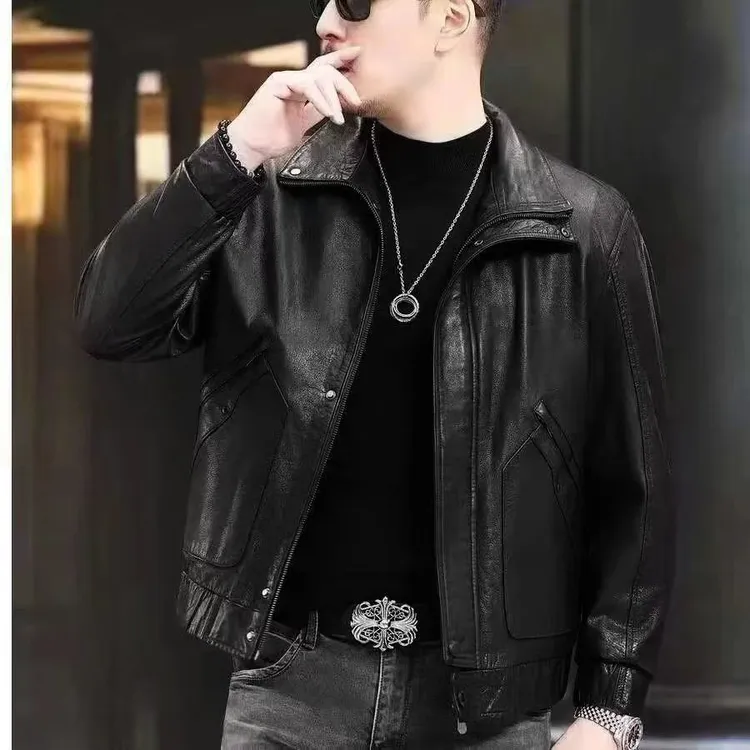 岂萨海宁真皮皮衣立翻领油蜡小牛皮秋冬季2025男款鹅绒服夹克外套