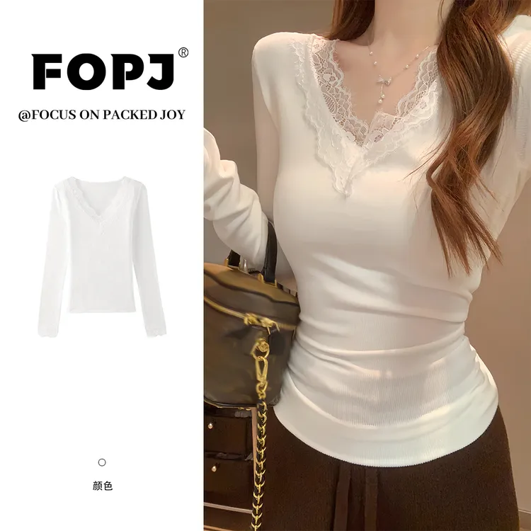 FOPJ春秋德绒长袖打底衫女t恤可外穿洋气蕾丝边精致修身显瘦内搭