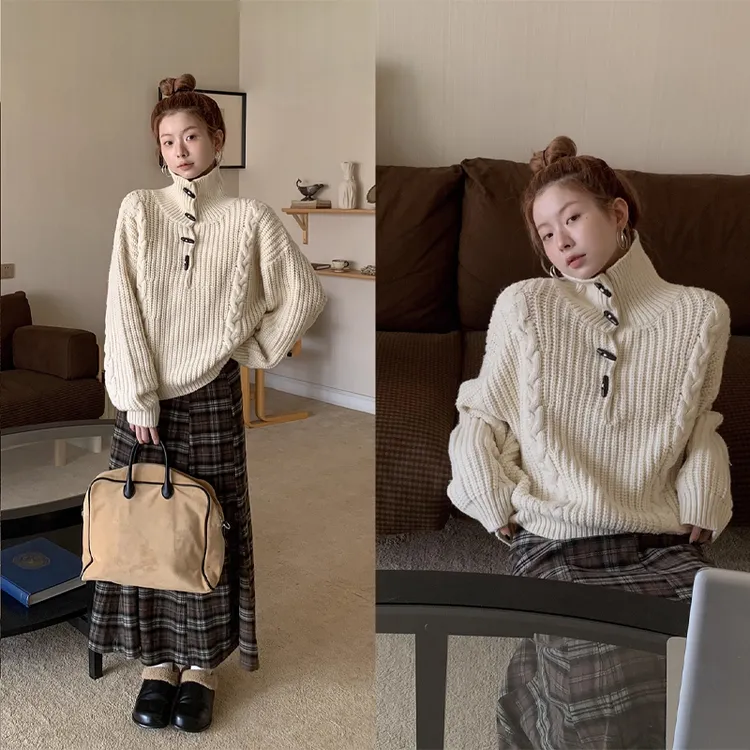 【蒲公英】秋冬洋气时尚休闲通勤百搭长袖纽扣毛衣8209