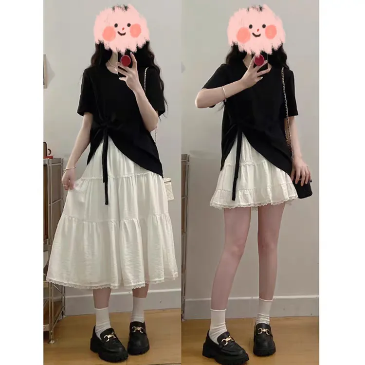 大码夏季微胖显瘦蝴蝶结短袖T恤短裙5810#长裙5809#两件套