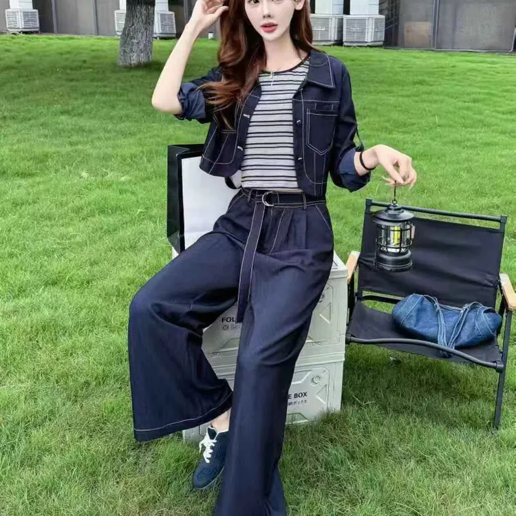 秋季新款休闲牛仔夹克搭配阔腿裤时尚女装套装洋气显瘦减龄套装