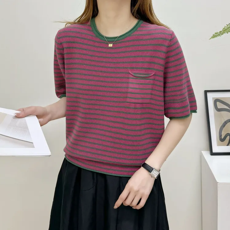 【正品现货】棉线条纹撞色圆领针织短袖春夏百搭休闲宽松显瘦上衣