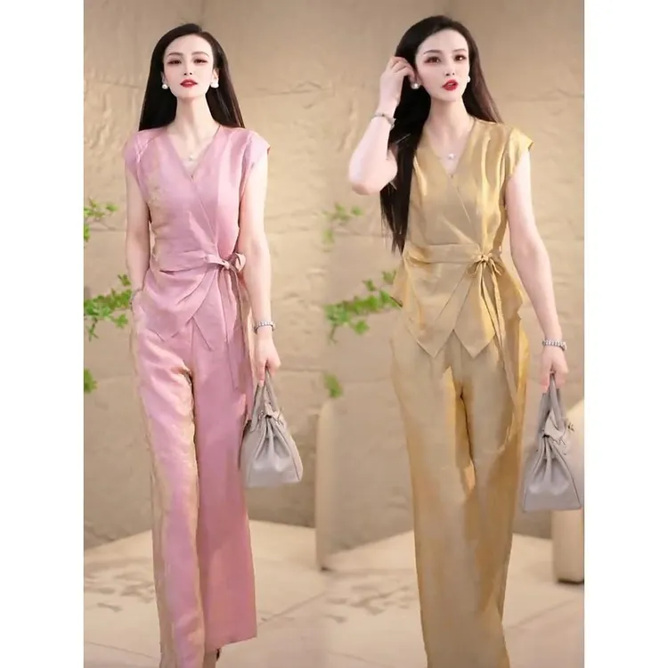 时尚套装女2025夏季新款时髦洋气质减龄收腰显瘦上衣阔腿裤两件套