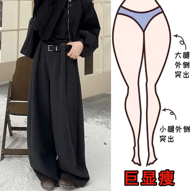 冬季加绒韩系大码宽松毛呢休闲裤女梨型身材显瘦简约风高腰阔腿裤