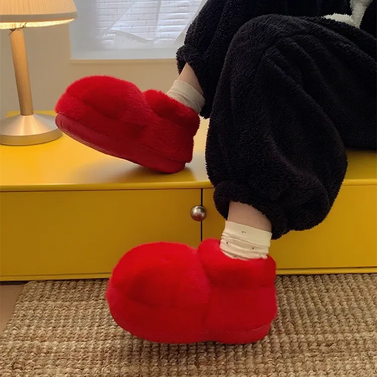 细细条 时尚百搭防滑大头毛毛靴子冬天保暖户外穿居家短筒棉鞋女