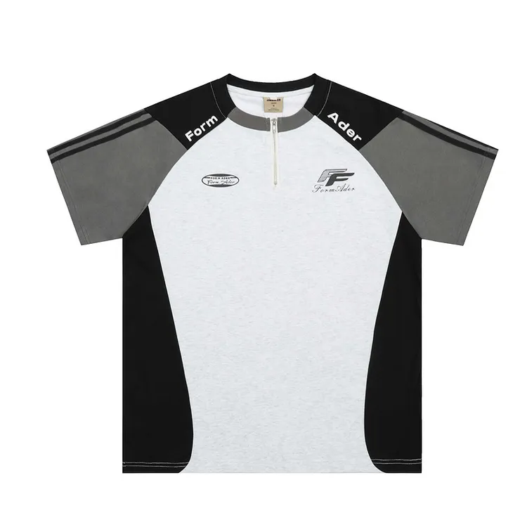 欧美街头宽松运动风潮流拼接撞色插肩袖短t美式休闲中性风短t学生