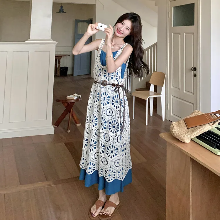 法式针织钩花开衫复古森系叠穿连衣裙女夏季2025新款吊带裙两件套