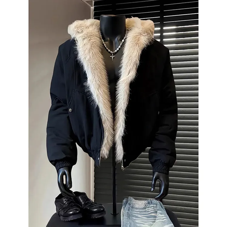 黑色座山雕毛领连帽棉服男款秋冬季美式高街cleanfit保暖棉衣外套