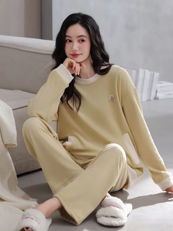 睡衣女秋冬款冬季假两件海岛绒家居服绿色高级感法兰绒套装珊瑚绒