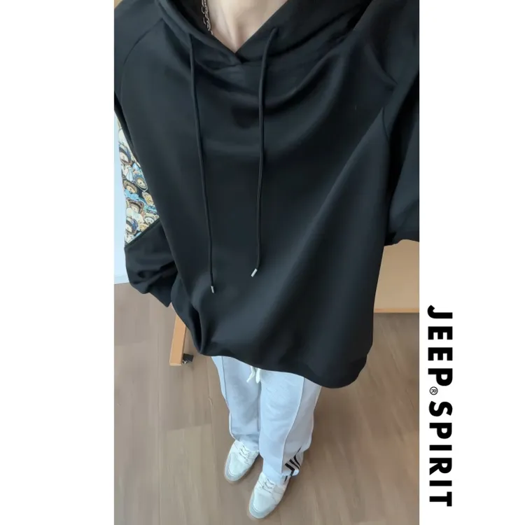 【高品质】JEEP吉普休闲小熊刺绣拼接cleanfit连帽卫衣秋高级感上衣