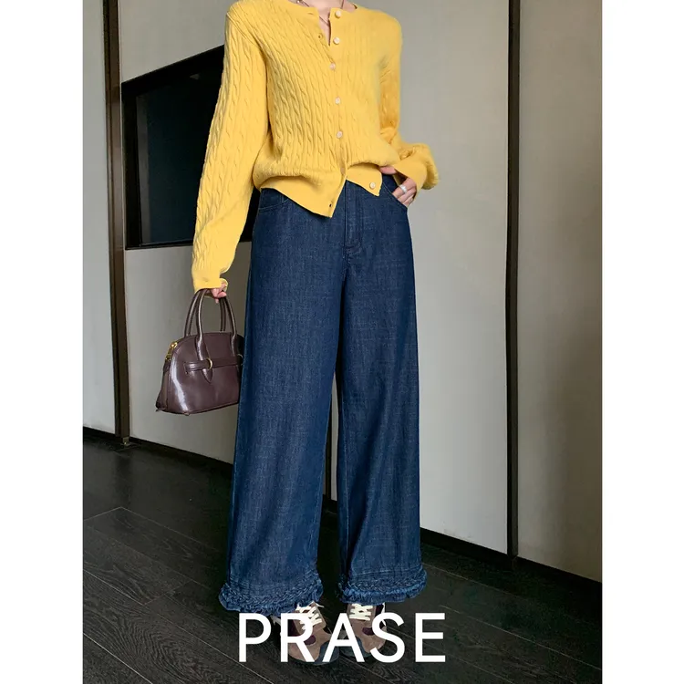 PRASE·噜【边沿情书】九分花边半松紧高腰显瘦直筒牛仔裤PR509S01