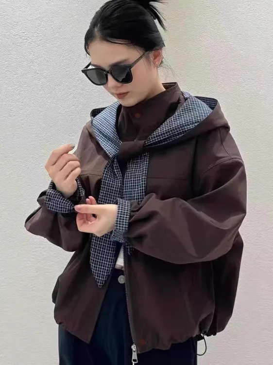 宽松休闲可拆卸拼接格子帽子外套女25年秋季新款百搭外套时尚上衣
