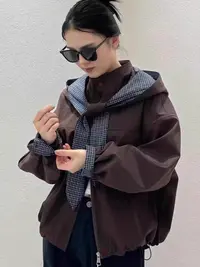 宽松休闲可拆卸拼接格子帽子外套女25年秋季新款百搭外套时尚上衣