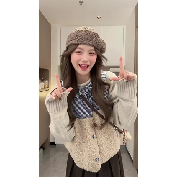 韩女ins风蓝色格子拼接加厚马甲女秋冬叠穿无袖坎肩裙子时尚套装