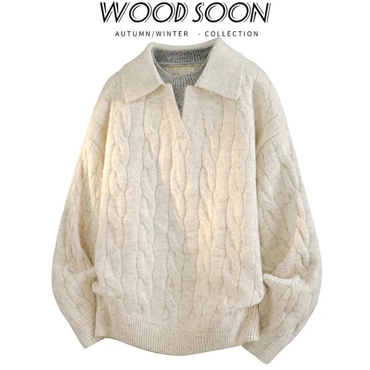 WOODSOON假两件翻领针织衫上衣宽松休闲秋冬新款时尚潮流男士毛衣