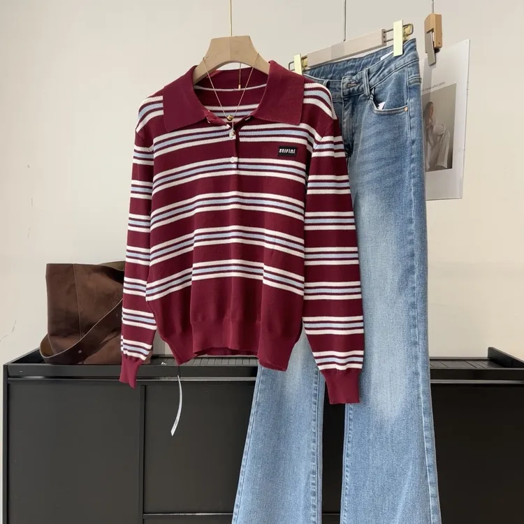 翻领条纹字母标针织衫女减龄设计感百搭显瘦套头毛衣秋季