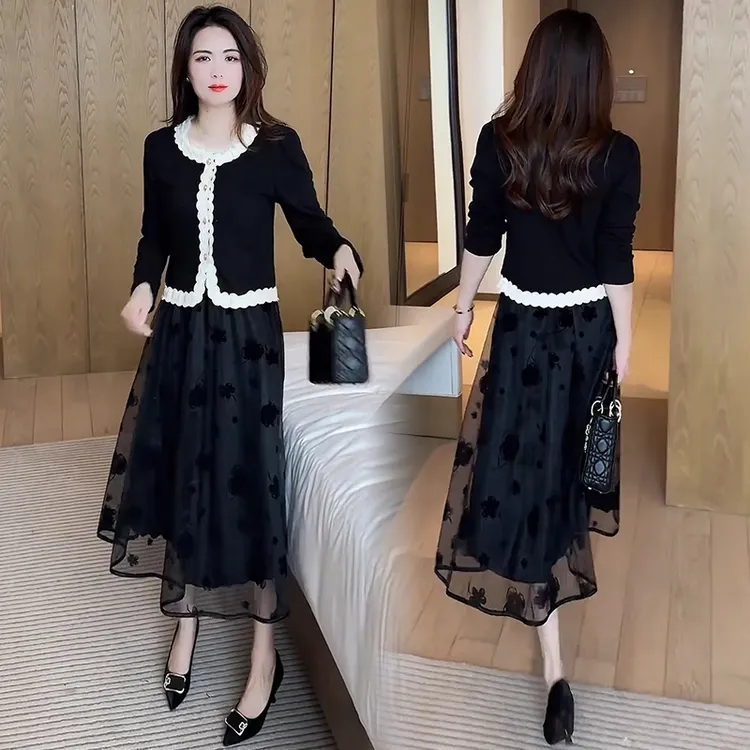 洋气连衣裙套装女2025春季新款洋气显瘦长袖T恤网纱半身裙两件套