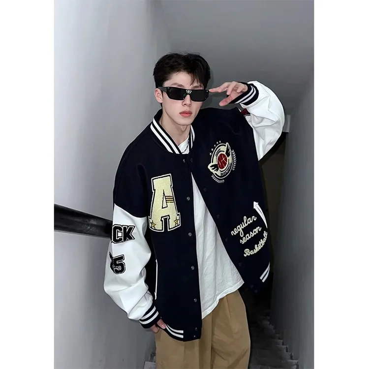 美式潮牌毛巾绣字母棒球服夹克男cleanfit拼接撞色高级感痞帅外套
