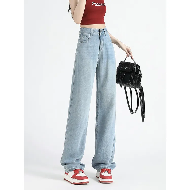 浅蓝色天丝阔腿牛仔裤女2025夏季薄款高腰宽松垂感小个子直筒裤子