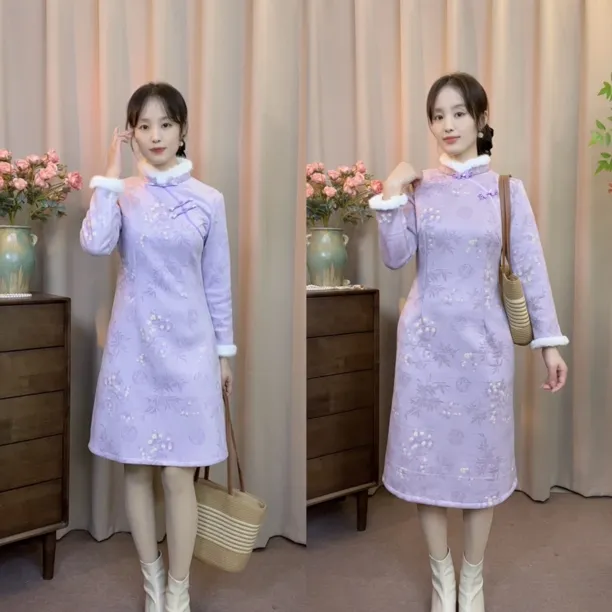 芊芊 【箬汐】冬季旗袍2025年新款女改良小个子短款冬款加绒加厚