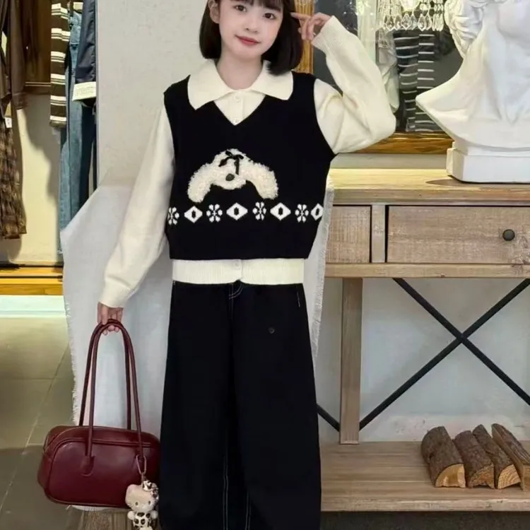 学院风假两件毛衣女童2025秋冬撞色针织衫阔腿牛仔裤套装