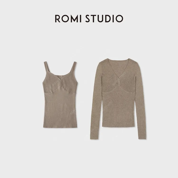 ROMI STUDIO“轻薄无物”16针缝合V领花边网面长袖/吊带RWCAS66139