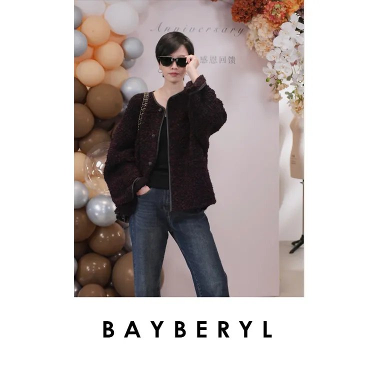 BAYBERYL老贝紫圈圈肌理感拼皮排扣时尚圆领秋外套MF5G0129-8/16
