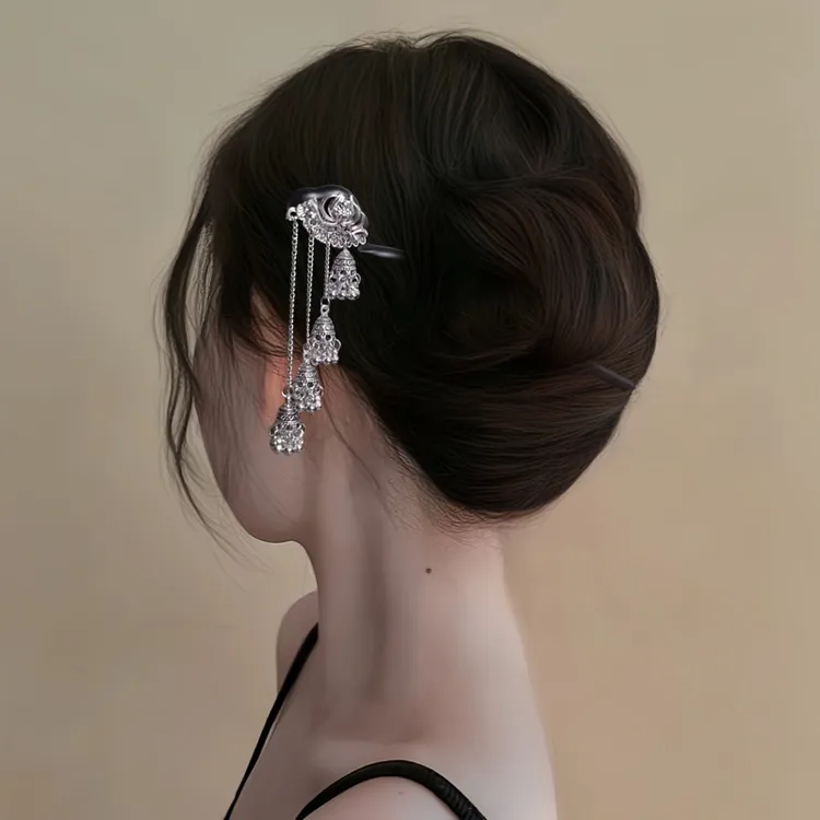 簪花绒花U型金钗桃木古风挽神女！新中式国风发饰！发簪发发钗