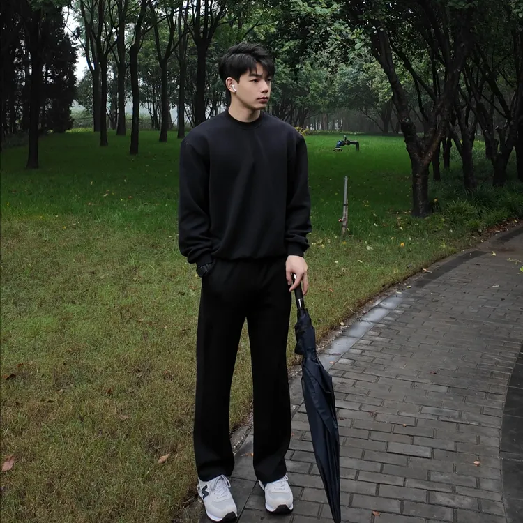 NGU短宽圆领美式卫衣男百搭显壮肩宽型男纯色长袖秋冬帅气打底