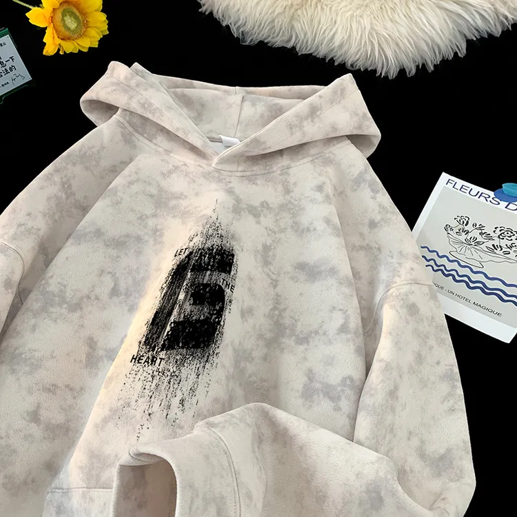 连帽卫衣秋季新款扎染落肩袖潮流痞帅慵懒风衣服宽松重磅百搭上衣