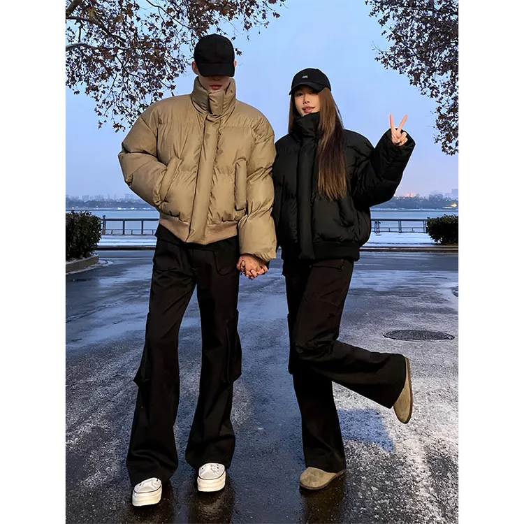 卡其色短款pu皮棉服男冬季加厚情侣装棉衣美式复古立领面包服外套