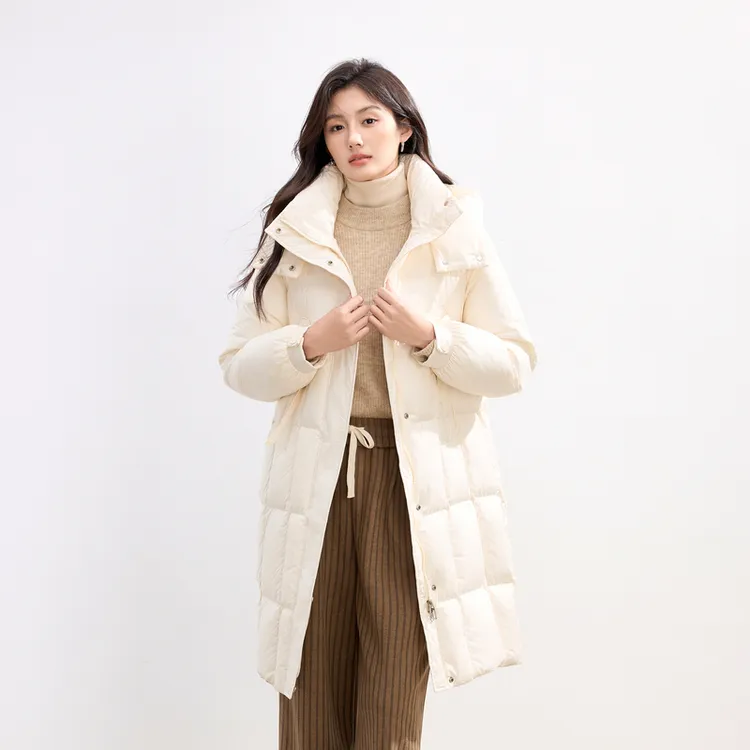 茵曼冬季清仓中长款羽绒服女宽松连帽纯色菱形格韩版时尚休闲保暖