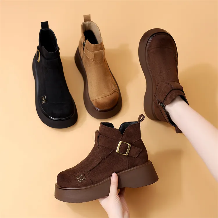 复古厚底翻毛勃肯短靴女2025秋冬新款增高时尚加绒舒适保暖马丁靴