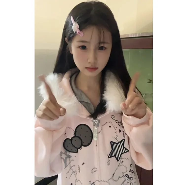 【珂塔芙】潮牌涂鸦猫咪毛领连帽卫衣女宽松慵懒风加绒加厚开衫外套