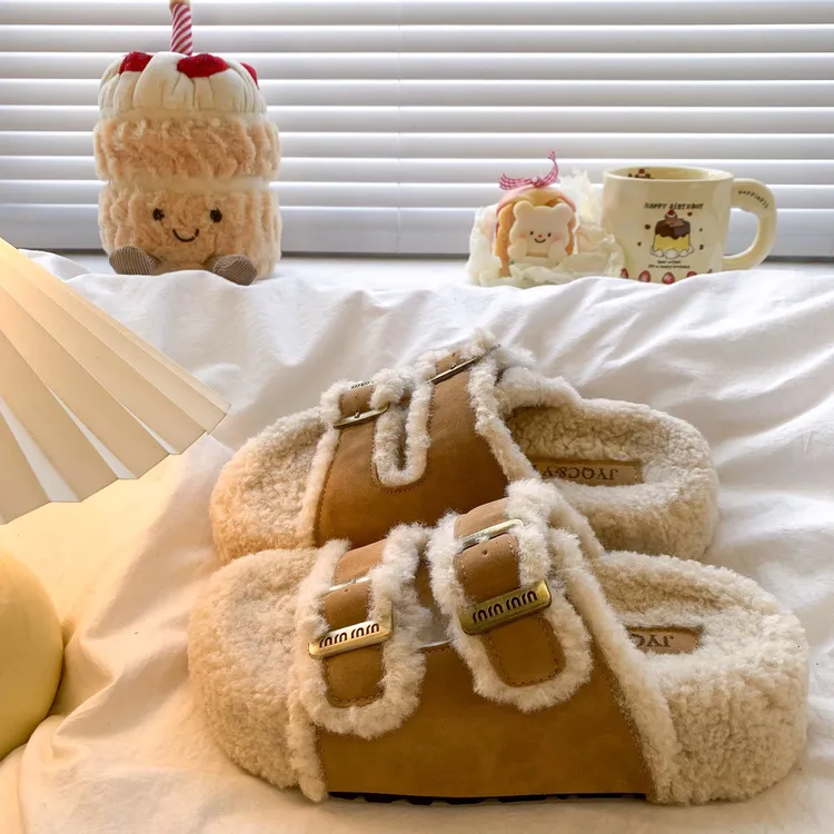 复古勃肯毛毛拖鞋女外穿2025秋冬新款厚底毛茸茸一字扣防滑棉拖鞋