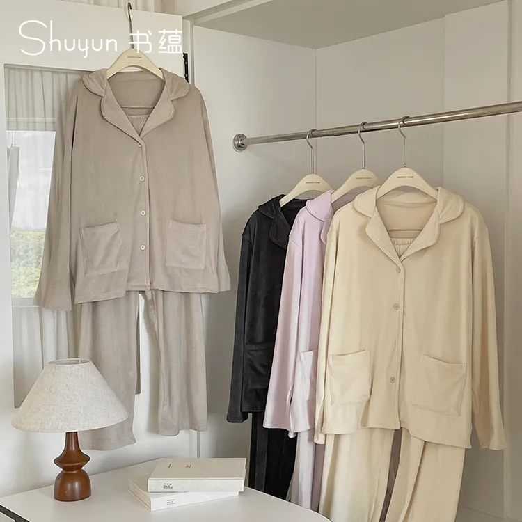 羊绒绵密手感家居服套装翻领冬季保暖睡衣长袖秋季宽松时尚绵羊毛