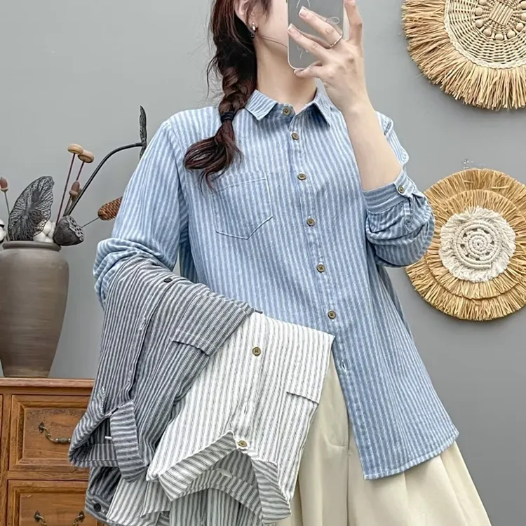 春秋韩版洋气蓝色纯棉条纹衬衫女宽松百搭休闲简约长袖叠穿衬衣