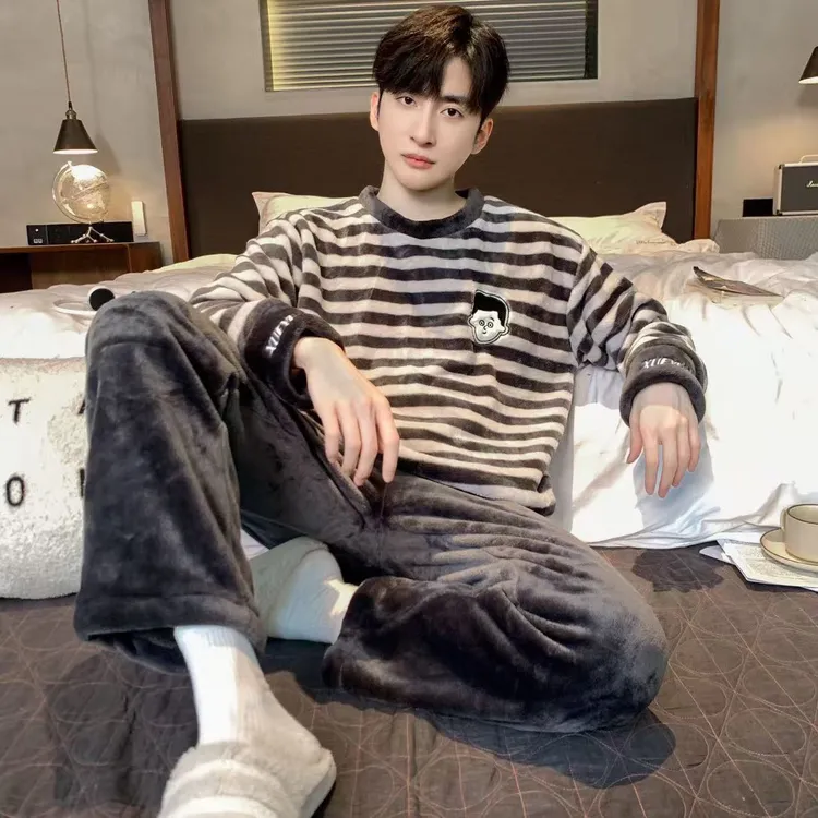 薄绒睡衣男秋冬款男士秋冬天珊瑚绒学生冬季法兰绒细绒春秋家居服