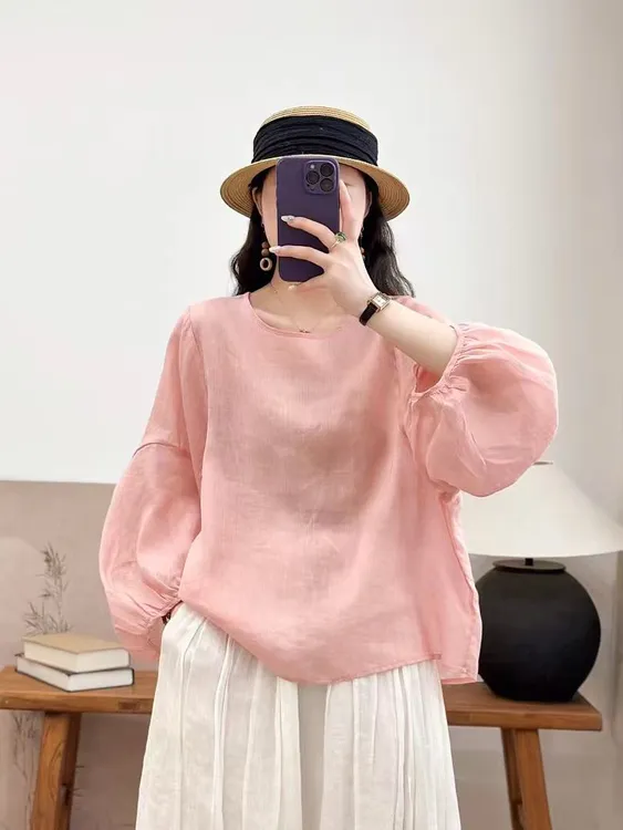 长袖夏季显瘦慵懒韩版灯笼袖女装四季通用休闲简约小衫圆领衬衫