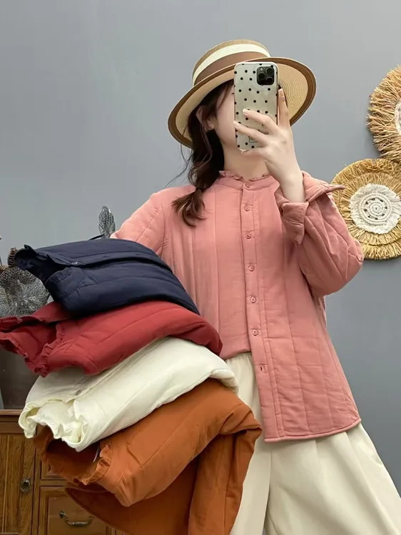 2025冬季新款花边领棉纱绗线棉纱夹棉保暖衬衫女86566