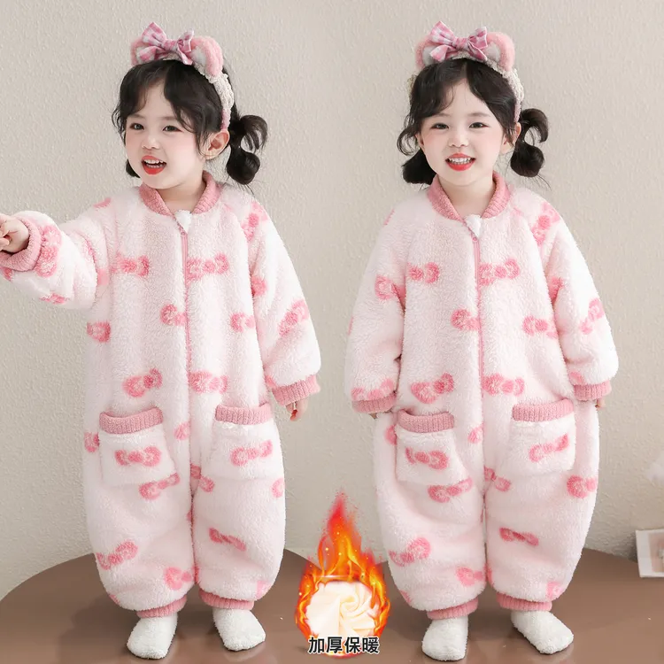 女孩珊瑚绒双层加厚连体睡衣冬款儿童睡袋女宝宝法兰绒女童家居服