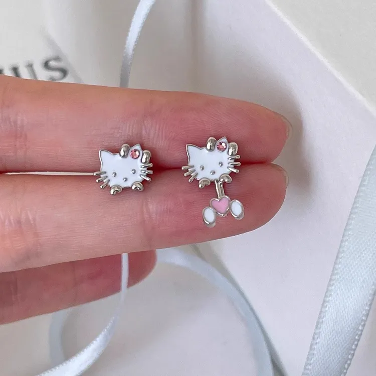 钛钢耳饰 两戴KT！卡通小猫耳钉女小众设计感甜美可爱耳环耳饰