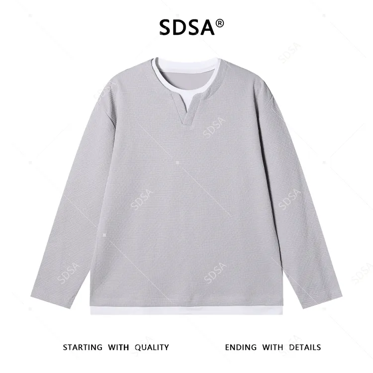 SDSA男士秋冬新款痞帅男装设计师撞色肌理感假两件长袖T恤百搭潮