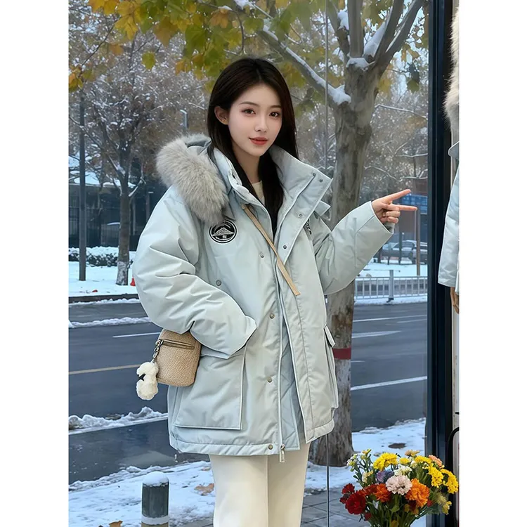 300斤胖mm特大码女装百搭加厚冰川蓝派克棉服女新款遮肉显瘦棉衣