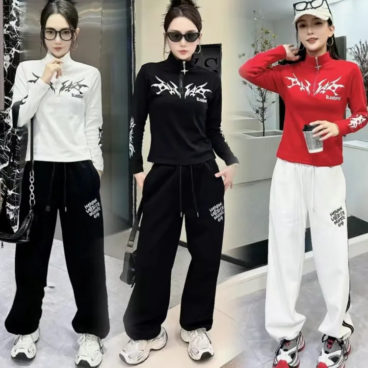 秋季曳步舞半拉链印花磨绒长袖T恤修身显瘦弹力休闲百搭打底衫