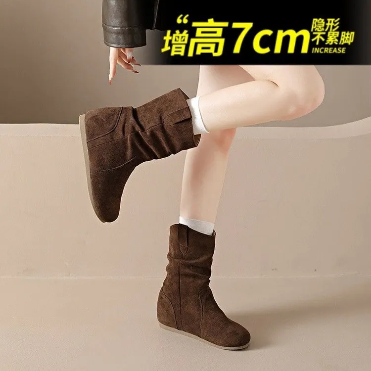 加绒小个子内增高7cm勃肯短靴女2025新款褶皱堆堆靴美拉德西部靴