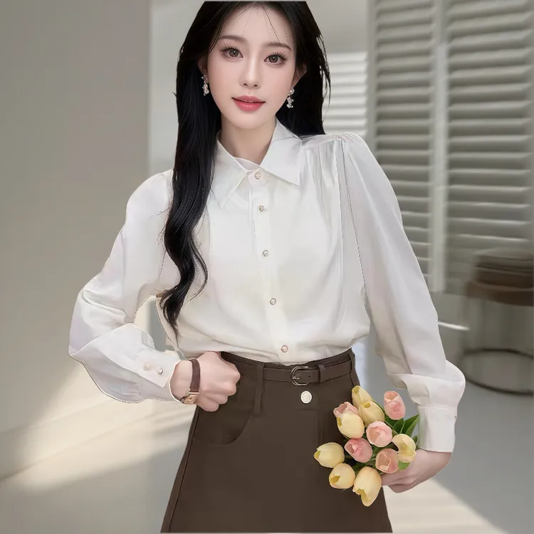 法式POLO领缎面长袖衬衫女2025春新设计感小众宽松喇叭袖气质衬衣