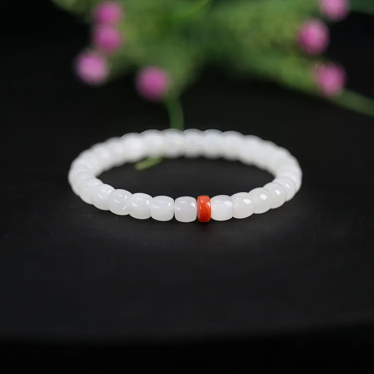 天然和田玉羊脂白直切搭配南红隔珠手串7mm个性百搭适合送女友