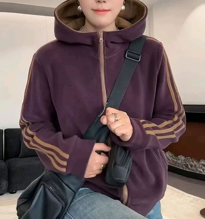 秋季新款双面奥粒绒条纹拼接连帽外套女加绒加厚时尚休闲保暖卫衣